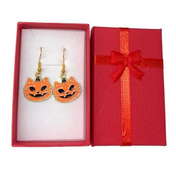 Jack-O-Lantern Orange Pumpkin Cat Enamel Earrings - Picture 4 of 4